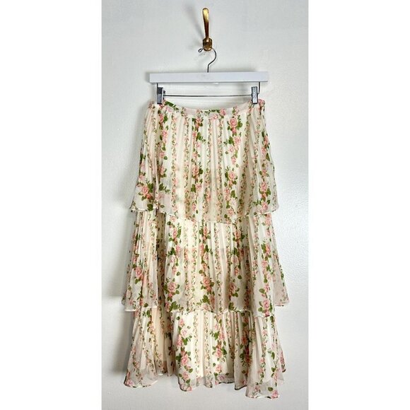 RACHEL PARCELL Pleated Tiered Chiffon Maxi Skirt in Ivory Size Medium - Picture 3 of 6